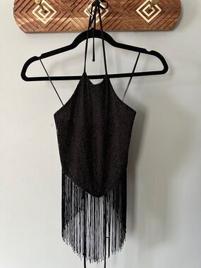 Ecote Black Fringe Halter Top